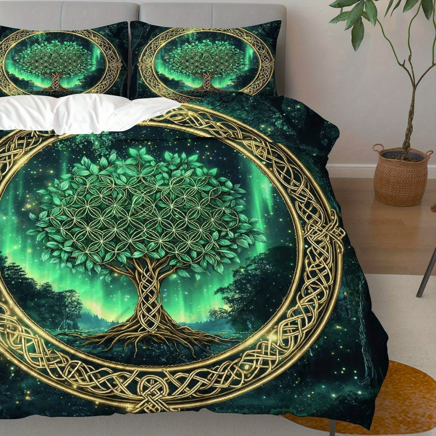 3 PCS Set *TREE OF LIFE* Duvet Cover Set, 1 Duvet+2 Pillowcases (Without Filler), Celtic Tree of Life Green Aurora Fantasy Theme, All Season Bedding Set, Mystical Forest Suitable for Decoration Bedroom Living Room Guest Room