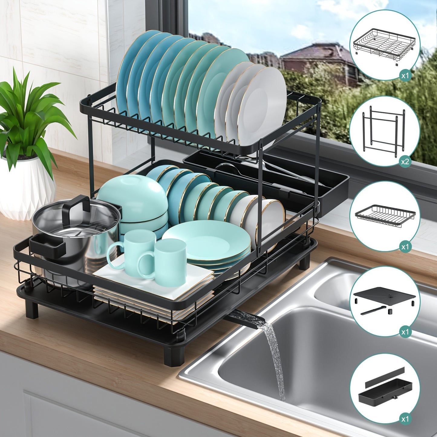 Dish Drainer Rack, Dish Rack with Drainage Plate, Dish Drying Rack with Tableware Rack, Sink Drainer Rack