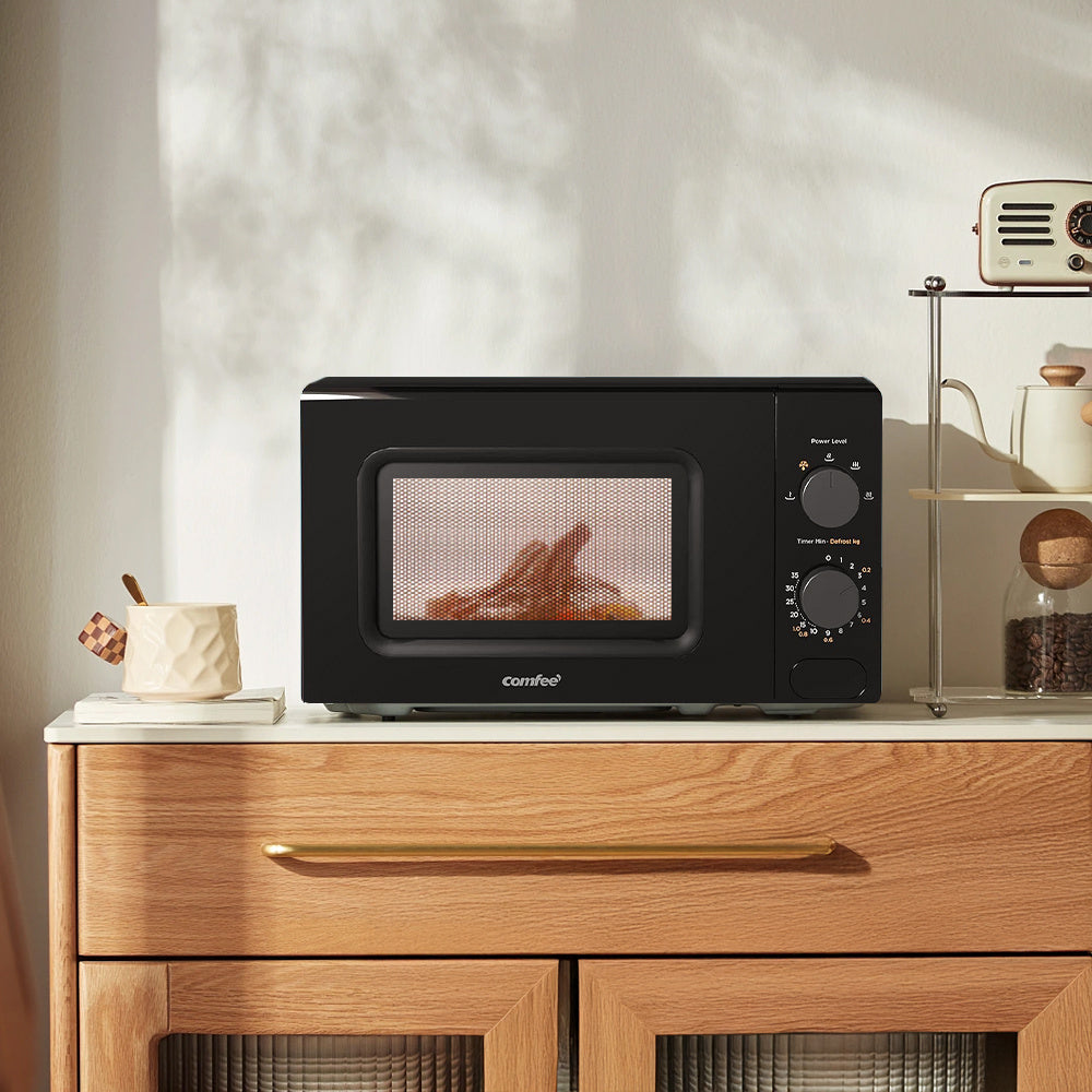 20L Large Capacity Midea COMFEE' Black Compact Microwave Oven 700W with Manual Control - 20L Countertop Microwave for Small Kitchens, Dorms & Studios, 5 Power Levels & Quick Defrost