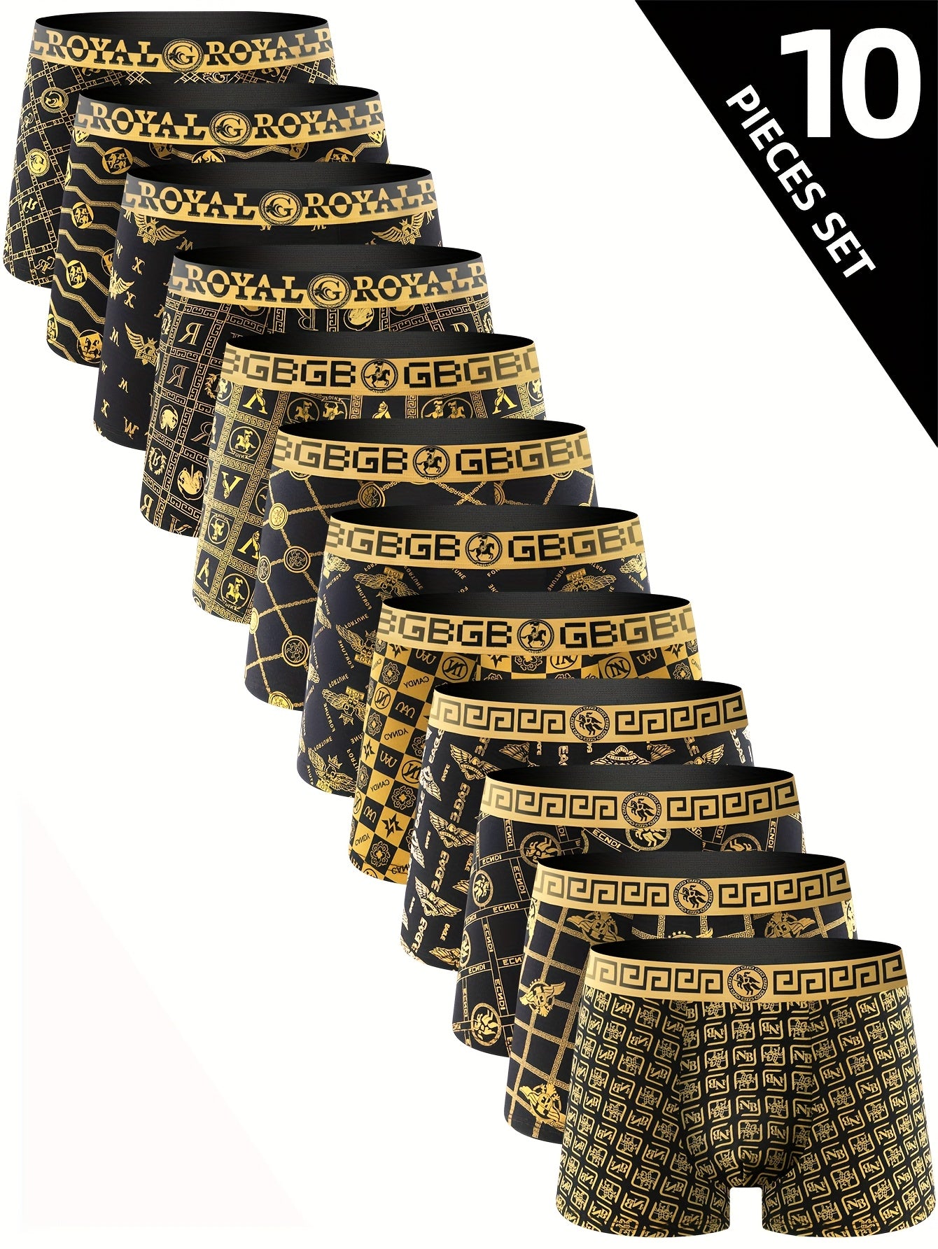 10pcs Men'S High Stretch Breathable Boxer Briefs, Polyester Spandex Shortie Panty with Print Pattern for Casual Wear