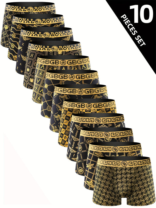 10pcs Men'S High Stretch Breathable Boxer Briefs, Polyester Spandex Shortie Panty with Print Pattern for Casual Wear