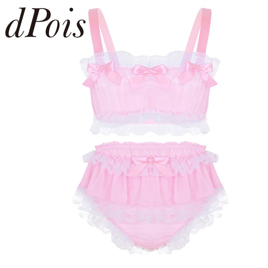 2Pcs Mens Ruffled Lace Sheer Chiffon Sissy Lingerie Set Sleeveless Crop Top with Skirted Petticoated Panties Sexy Men Underwear