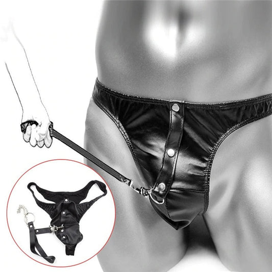 Adult Fetish Men Sexy Sissy Panties With Leash PVC Leather Gay Sex Underwear Wetlook Latex Briefs Erotic Costumes for BDSM Bondage Sex