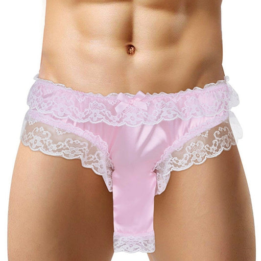 Hot Men Sissy Lace See-through Panties Sexy Satin G-String Thong Briefs Underwear With Penis Sheath Panties Erotic Lingerie