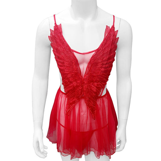 Sexy See through Sissy Dress Lingerie With Angel Wings Passion Set Cute Nightgown Lolita Men Gay Lingerie Skirt With Thong
