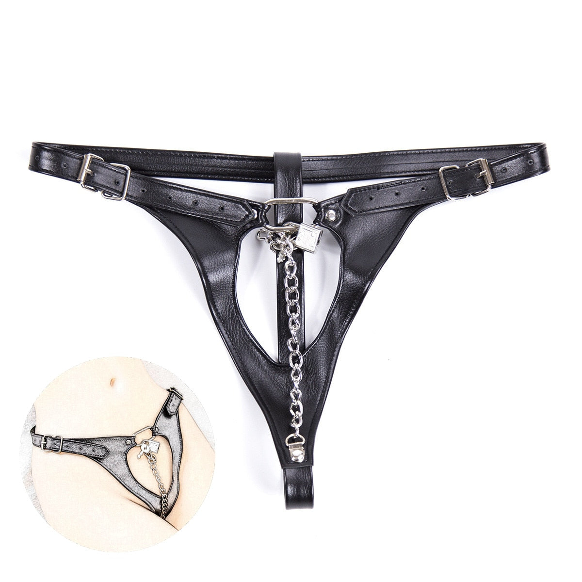 Women Erotic Sexy Costumes of Leather Low Rise Thongs and G Strings with Metal Chain for Couples Fetish Sex Crotchless Brief