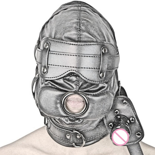 Leather Sensory Deprivation Hood with Dildo Mouth Gag BDSM Bondage Fetish Slave Hood Eye Mask Sex Toys for Women Adult Games