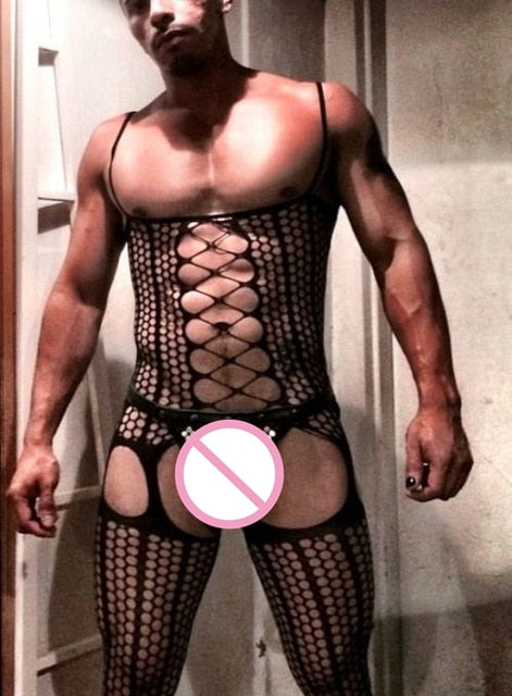 Fetish Gay Crossdress Underwear Fishnet Bodysuit Bodystocking Sexy Porno Mesh Crotchless Body Stocking Sissy Lingerie for Men