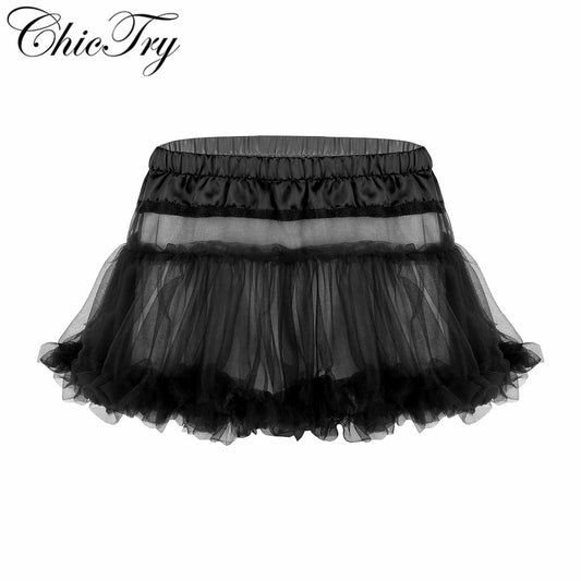 Sexy Mens Sissy Skirt Satin Elastic Waistband Frilly Ruffled Soft Tulle Layered skirt Short Mini Tutu Exotic Skirt