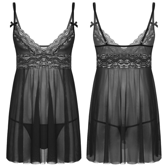 Mens Gay Sissy Babydolls Sheer Lace Mesh Lingerie Costumes Underwear Spaghetti Straps Lace Trim Chemise Babydoll Sleepwear