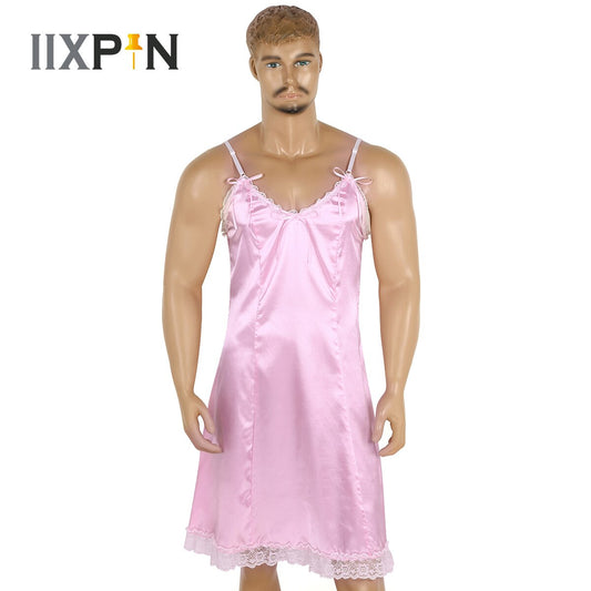 Men Sexy Lace Sissy Dress Lingerie Sleepwear For Mens Babydoll Sleeveless V Neck Fancy Exotic Gay Dresses Party Clubwear Costume
