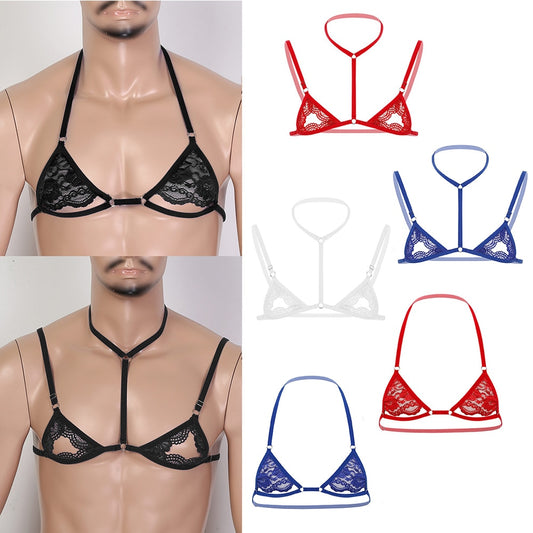 Men Erotic Sissy Lingerie Sheer Lace Bra Tops Male Crossdressing Gay Sexy Porno Underwear Adjustable Spaghetti Straps Bralette