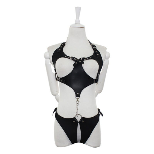 Sexy Open Leather Lingerie Women Bodysuit Erotic Bdsm Gothic Open Bra Open Crotch Underwear Sex Outfit Fetish Panty Bra Set