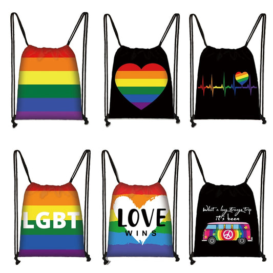 LGBT Rainbow Heart Drawstring Bag Lesbian Gay Pride Shoulder Bags for Travel Homosexual Backpack Peace and Love Shoes Holder