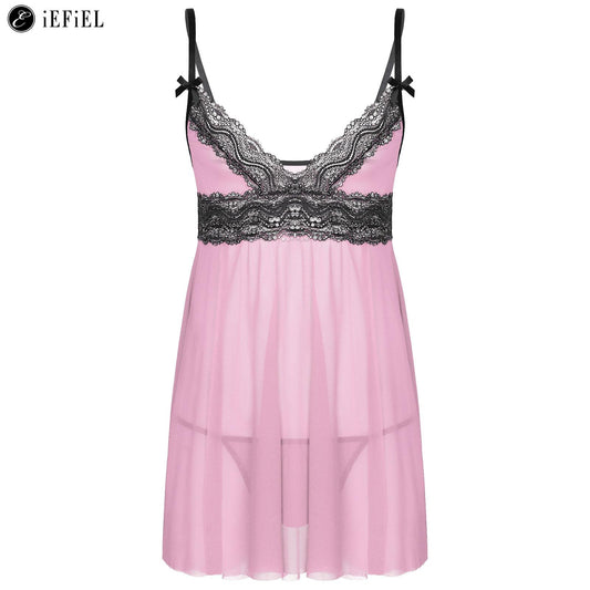 Men's Sissy Lingerie Pajamas Set See Through Lace Deep V Neck Mini Dress with Thong Maid Crossdressing Teddy Chemise Babydoll