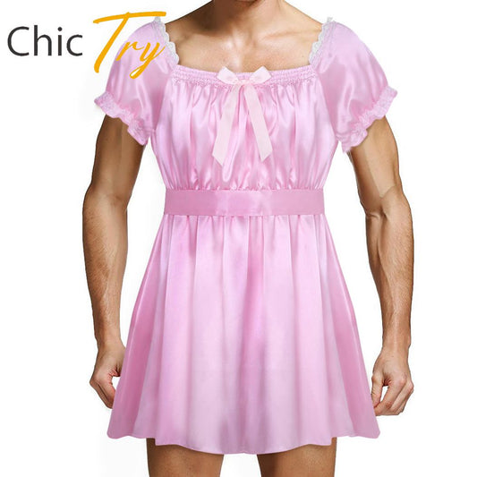 Mens Crossdress Lingerie Dresses Sissy Sexy Babydoll Babydoll Dress Square Neckline Satin High Low Dress Underwear Sleepwear