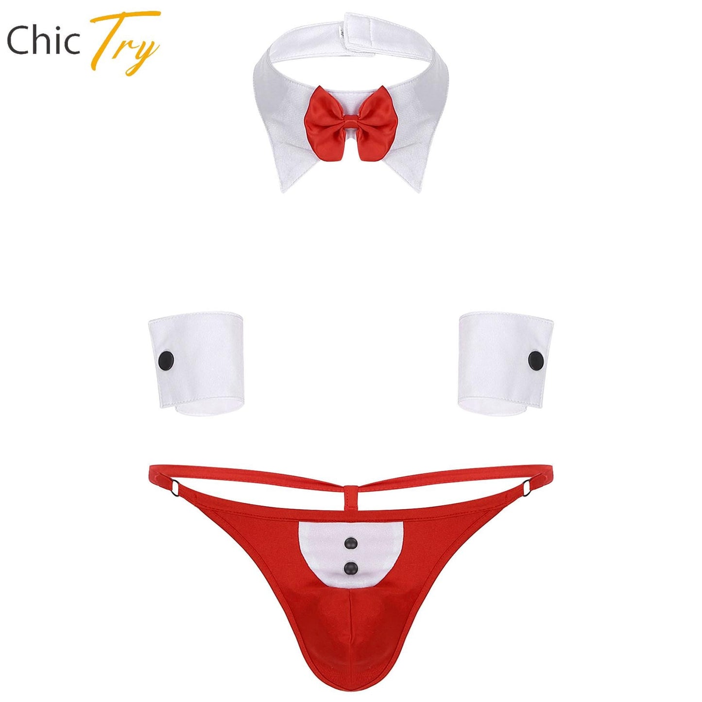 Mens Waiter Lingerie Set Sissy Sexy Tuxedo Costume G-string Thong with Bow Tie Collar and Bracelets 3Pcs Set Cosplay Underwear